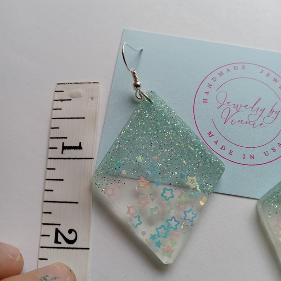 Hand Crafted Glittering Green and Clear Earrings - Picture 6 of 6